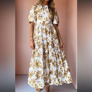 Shona Joy Bella Short Sleeve Open Back Midi Dress In Gold/Multi